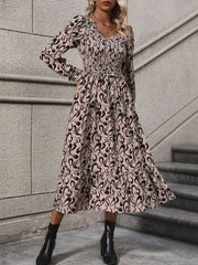 Printed V-Neck Long Sleeve Midi Dress - Trendsi