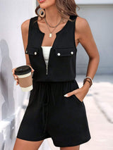 Perfee Drawstring Half Zip Sleeveless Romper - Trendsi - Flyclothing LLC