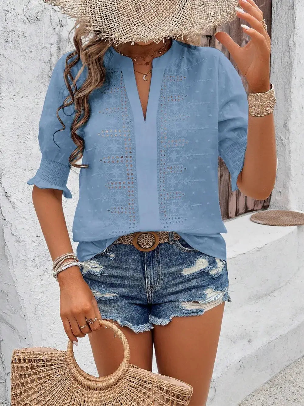 Eyelet Notched Flounce Sleeve Blouse - Trendsi - Flyclothing LLC