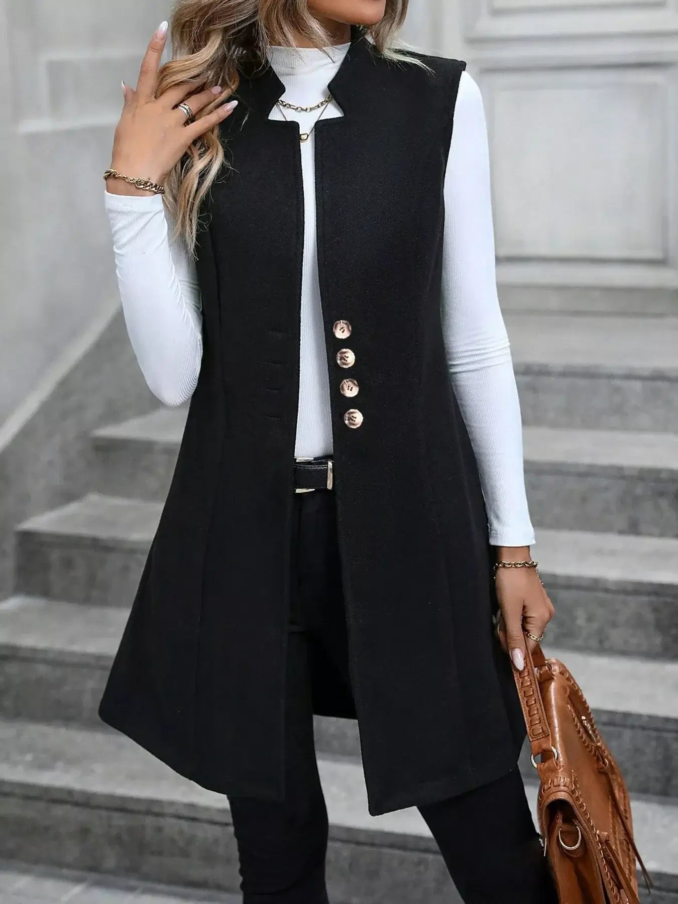 Button-Down Longline Vest Coat - Trendsi - Flyclothing LLC