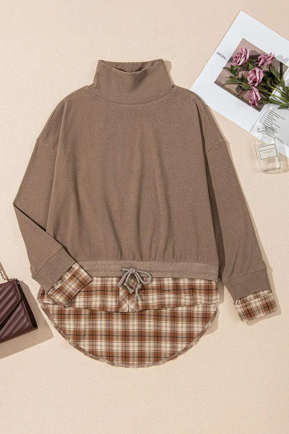 Drawstring Plaid Turtleneck Long Sleeve Top - Trendsi - Flyclothing LLC