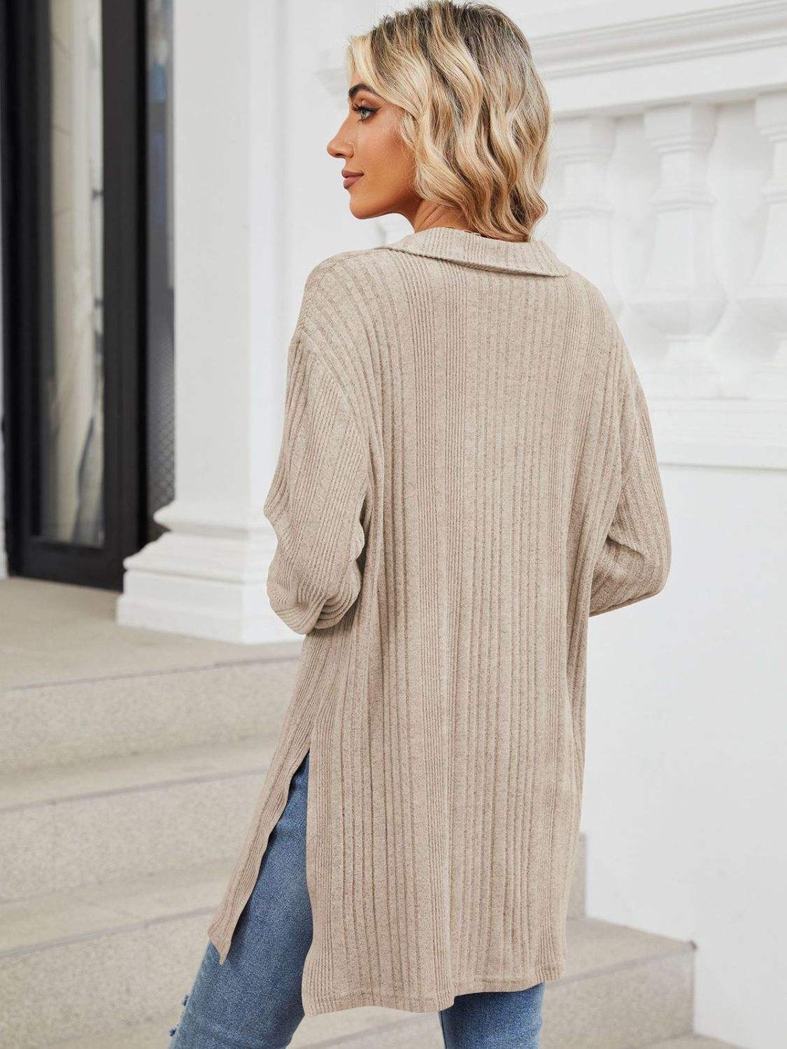 Slit Johnny Collar Long Sleeve T-Shirt - Trendsi - Flyclothing LLC