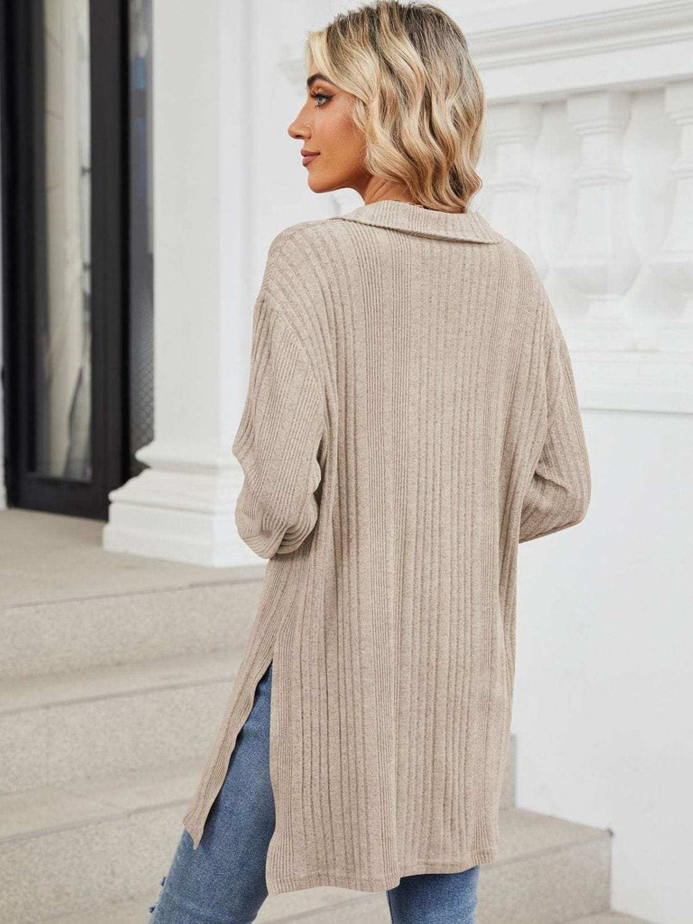 Slit Johnny Collar Long Sleeve T-Shirt - Trendsi - Flyclothing LLC