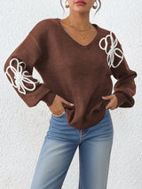 Flower V-Neck Long Sleeve Sweater - Trendsi - Flyclothing LLC