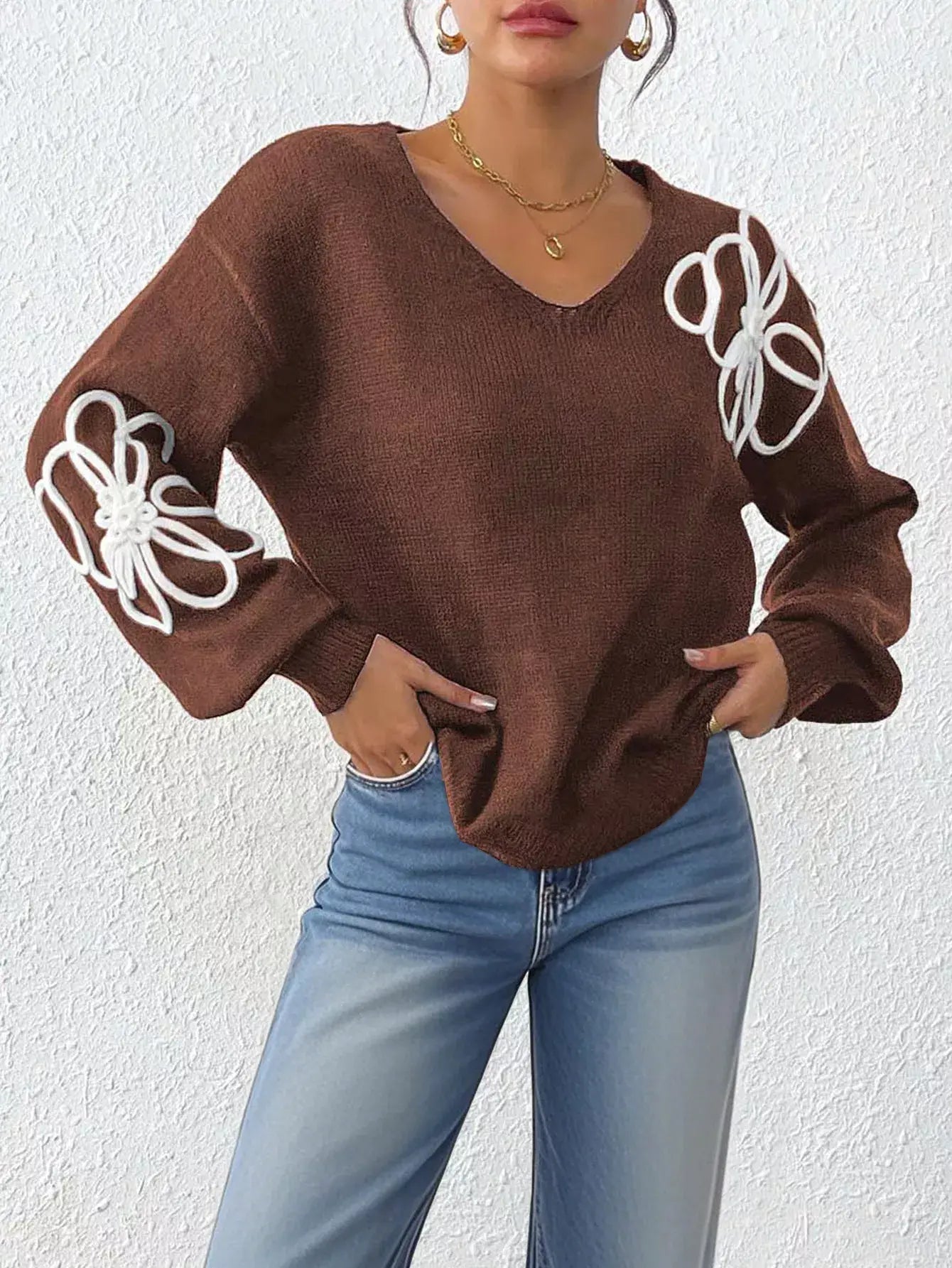 Flower V-Neck Long Sleeve Sweater - Trendsi - Flyclothing LLC