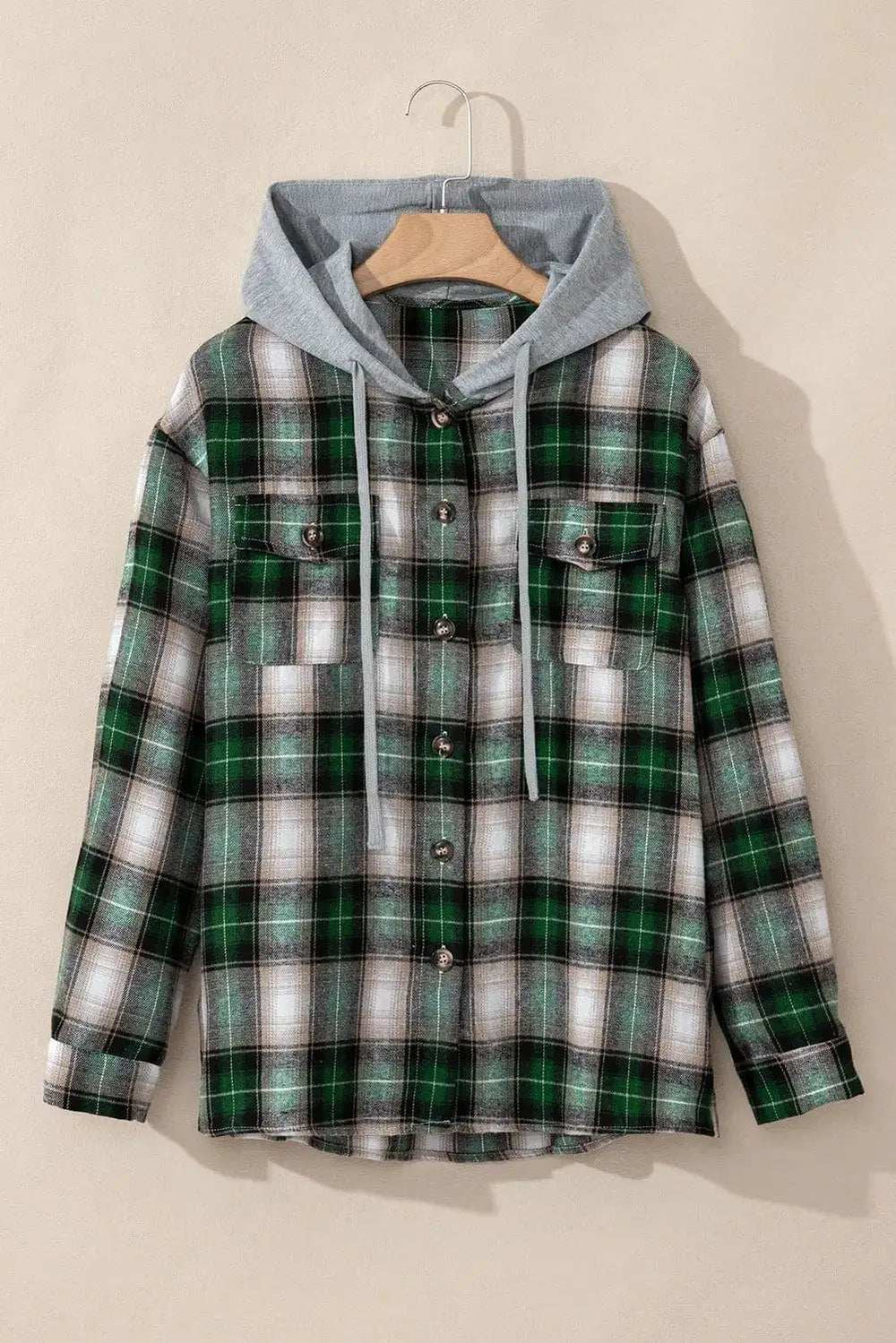 Drawstring Pocketed Plaid Hooded Jacket - Trendsi - Flyclothing LLC