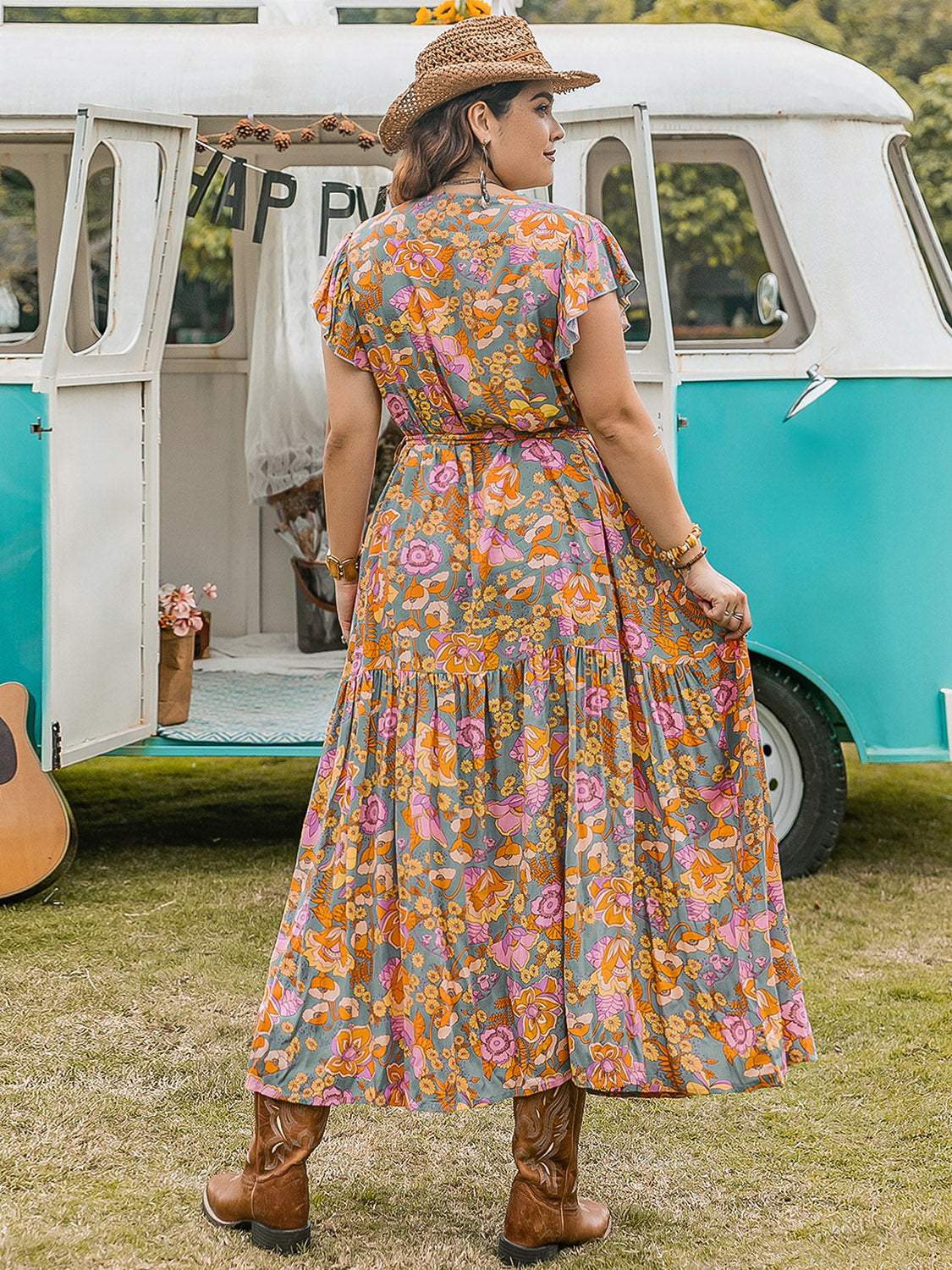 Plus Size Ruffled Printed Cap Sleeve Dress - Trendsi - Flyclothing LLC