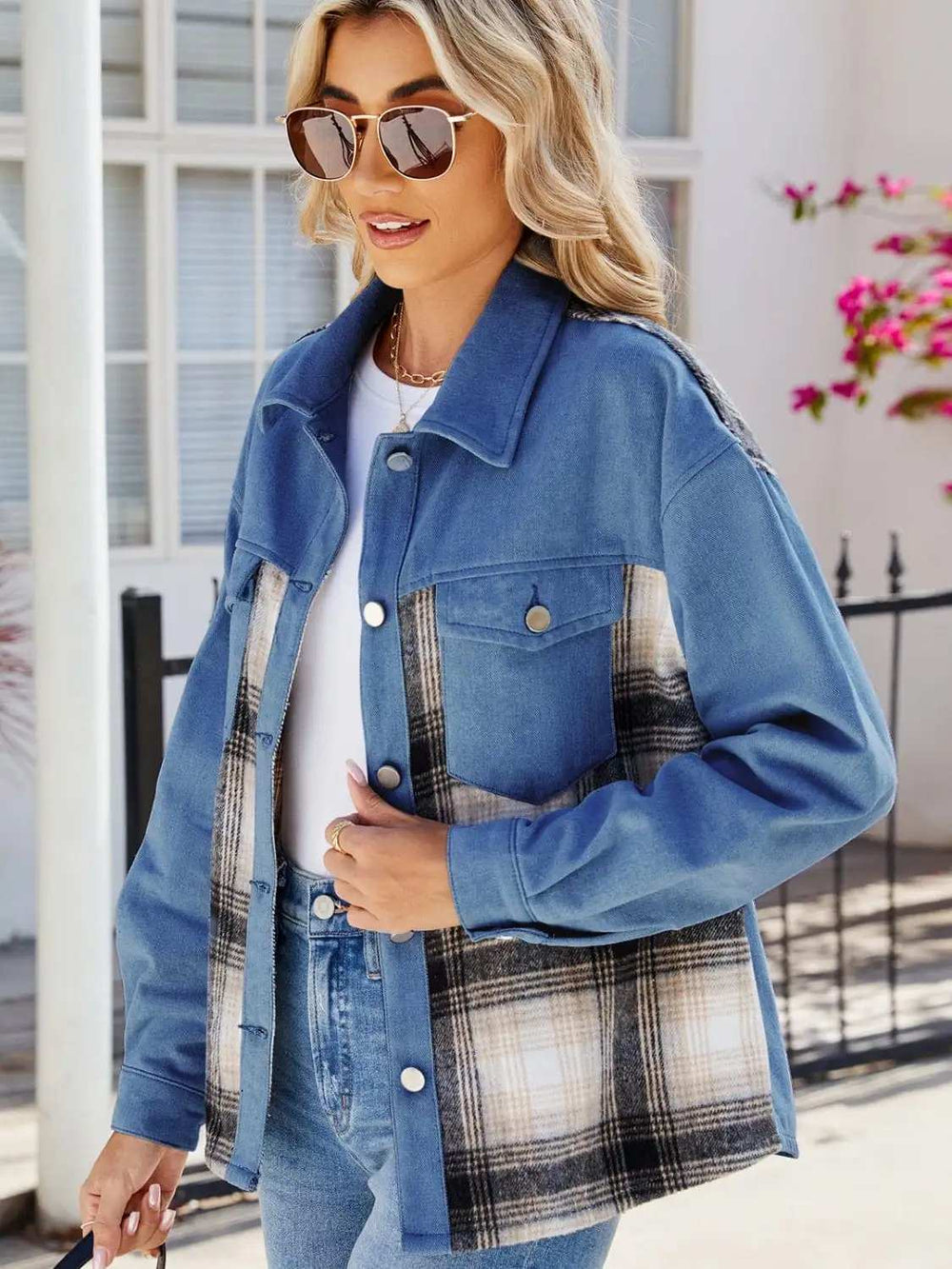 Plaid Button Up Long Sleeve Denim Jacket - Trendsi - Flyclothing LLC