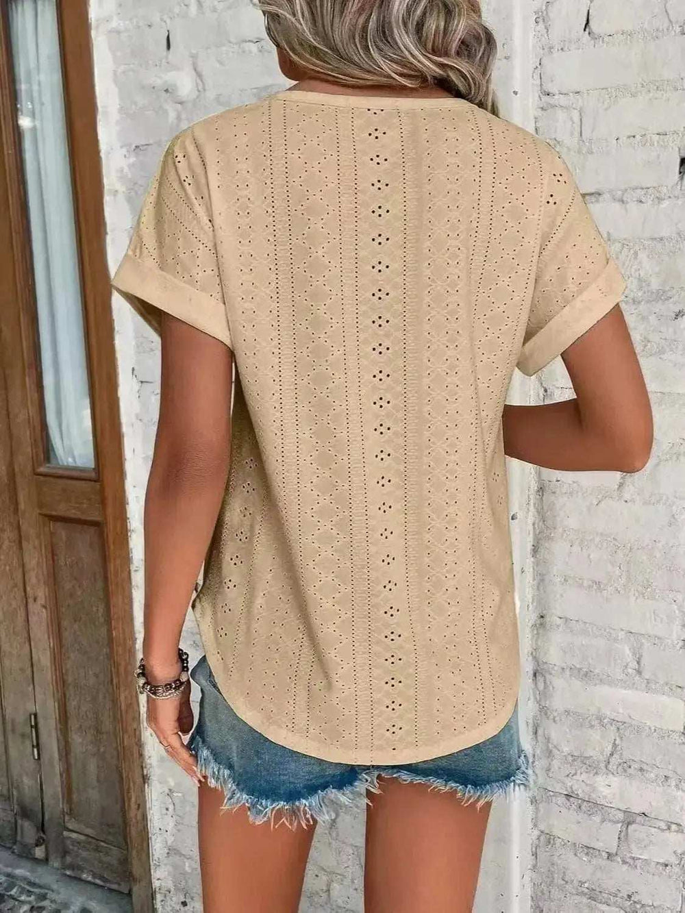 Eyelet Round Neck Short Sleeve T-Shirt - Trendsi - Flyclothing LLC