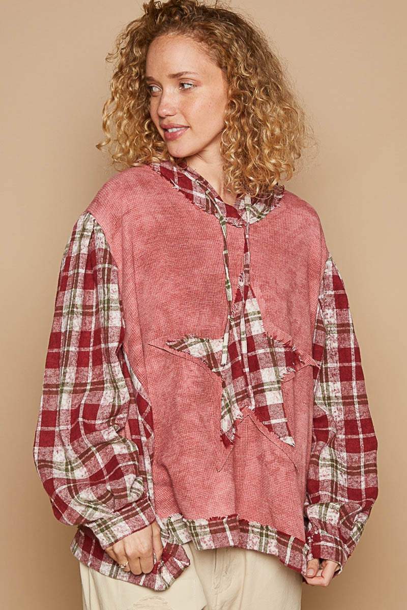 POL Star Patch Plaid Long Sleeve Hooded Top - Trendsi - Flyclothing LLC