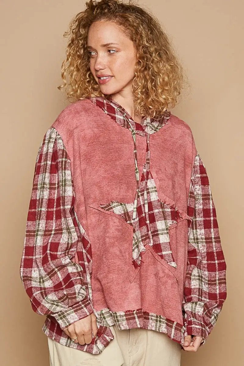 POL Star Patch Plaid Long Sleeve Hooded Top - Trendsi