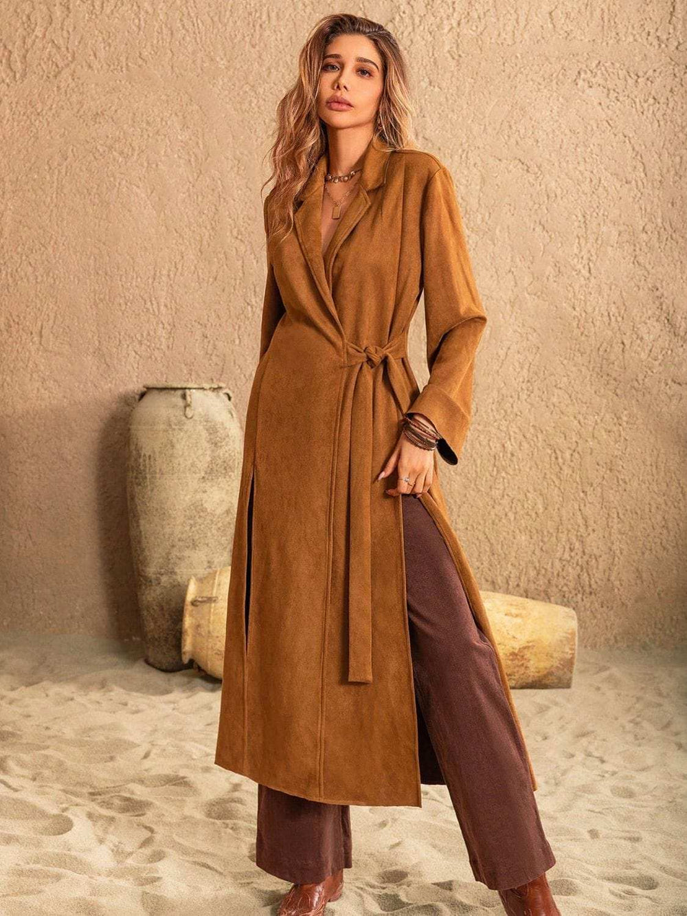 Slit Tied Collared Neck Longline Coat - Trendsi - Flyclothing LLC