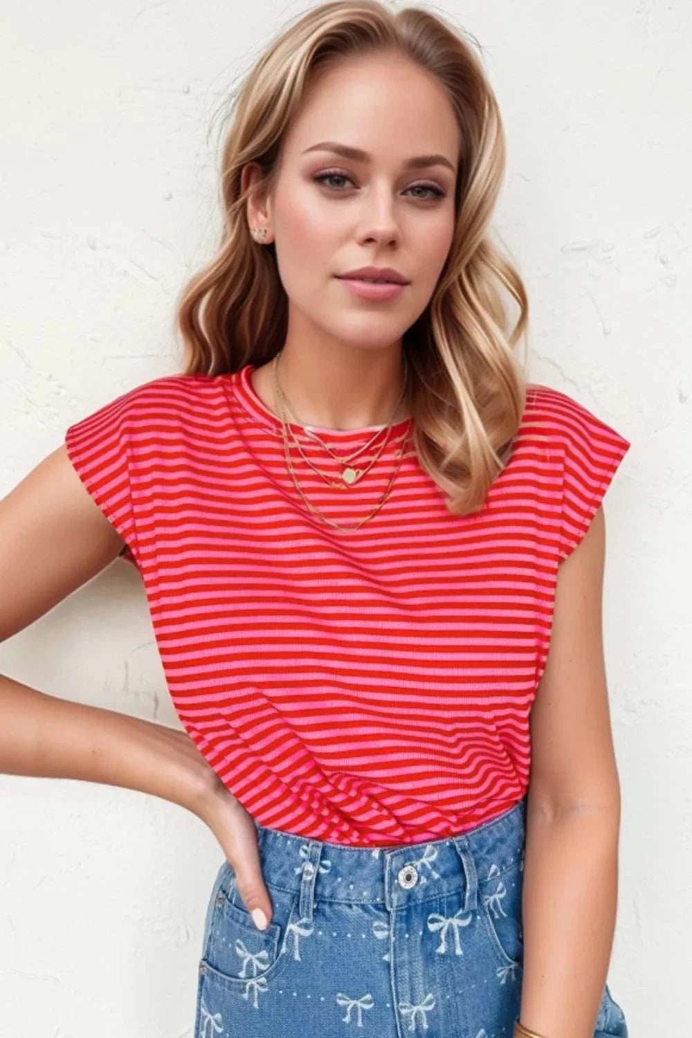 Stripe Ribbed Cap Sleeve Round Neck T Shirt - Trendsi - Flyclothing LLC