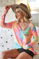 BiBi Tie Dye V-neck Terry Knit Top With Sequins - Trendsi - Flyclothing LLC