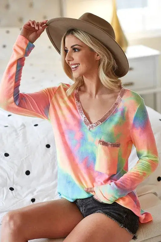 BiBi Tie Dye V-neck Terry Knit Top With Sequins - Trendsi - Flyclothing LLC