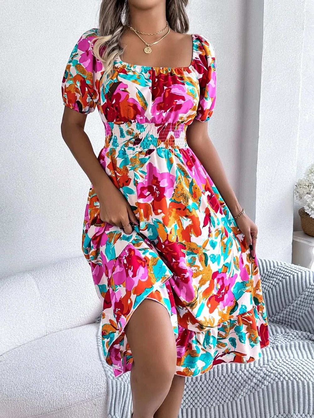 Ruffled Hem Smocked Floral Short Sleeve Midi Dress - Trendsi - Flyclothing LLC