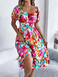 Ruffled Hem Smocked Floral Short Sleeve Midi Dress - Trendsi - Flyclothing LLC