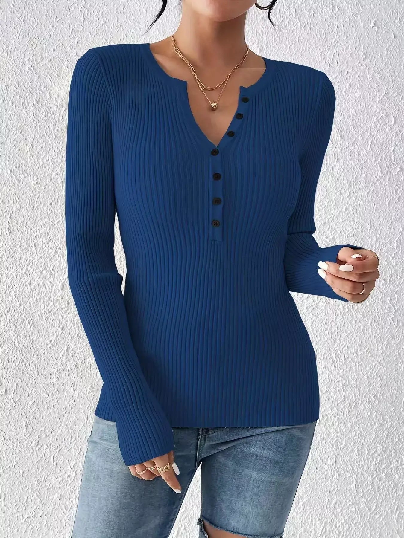 Ribbed Knit Button Front Knit Top - Trendsi - Flyclothing LLC