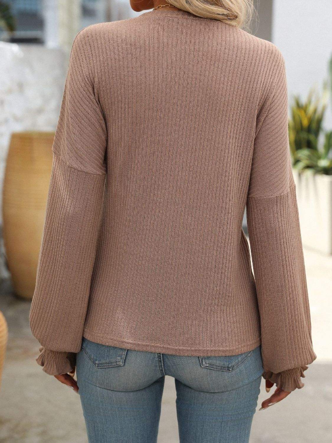 Ribbed Round Neck Long Sleeve T-Shirt - Trendsi - Flyclothing LLC