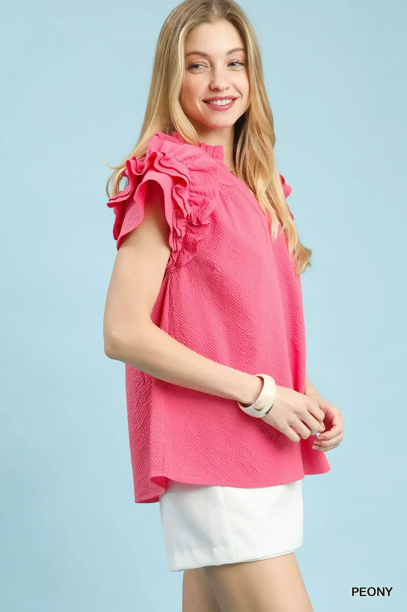 Umgee Textured Ruffle Sleeve Notched Top - Trendsi - Flyclothing LLC