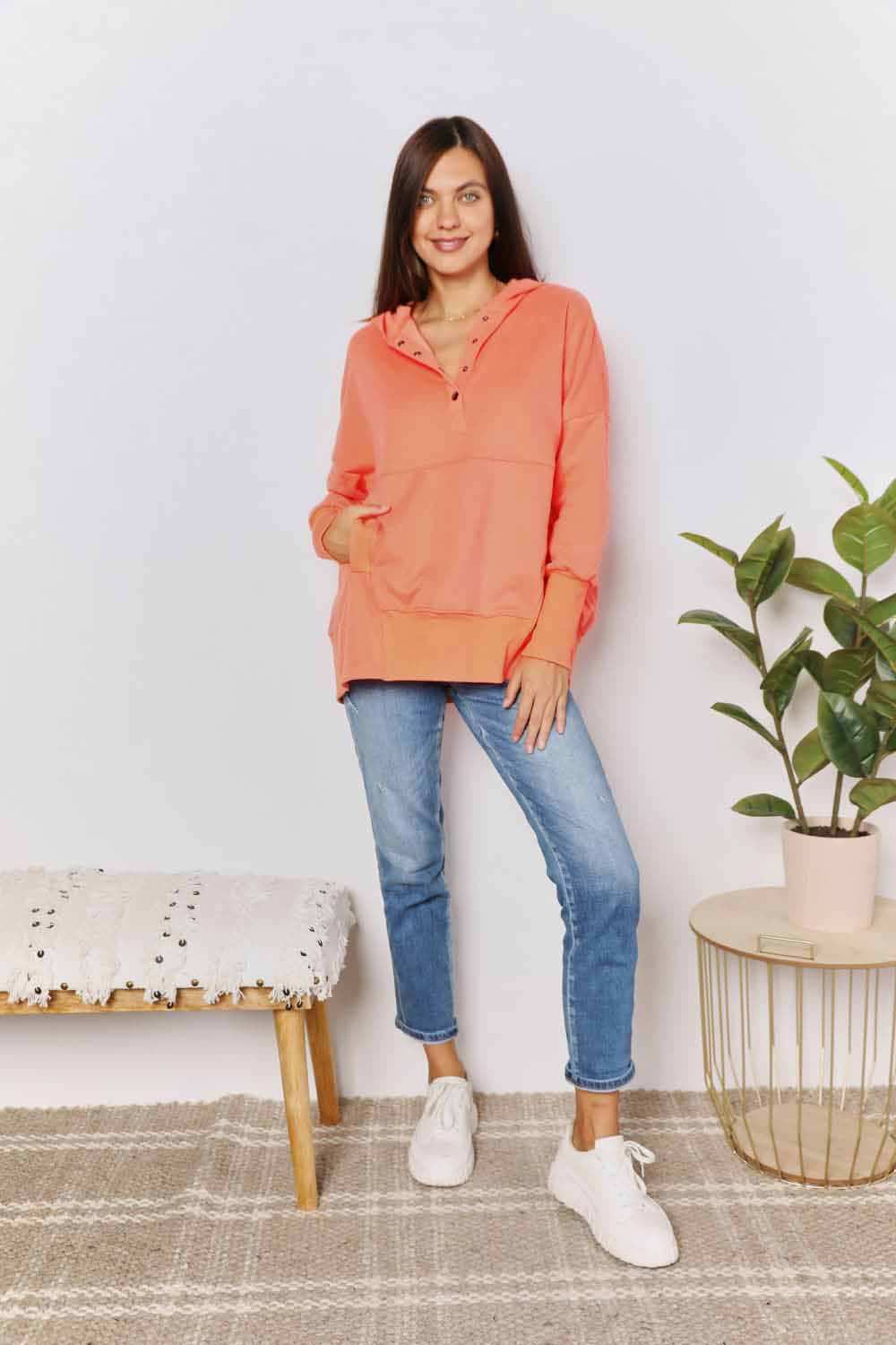 Double Take Quarter-Snap Dropped Shoulder Hoodie - Trendsi - Flyclothing LLC