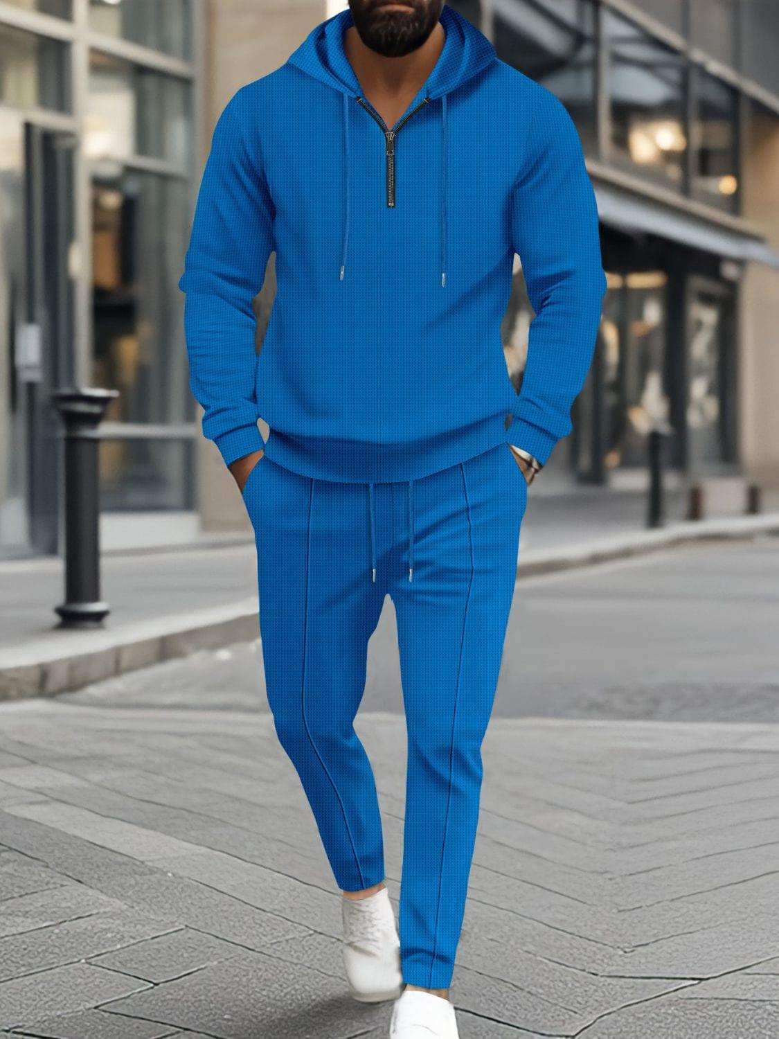 Men's Full Size Waffle-Knit Half Zipper Hoodie and Pants Set Plus Size - Trendsi - Flyclothing LLC
