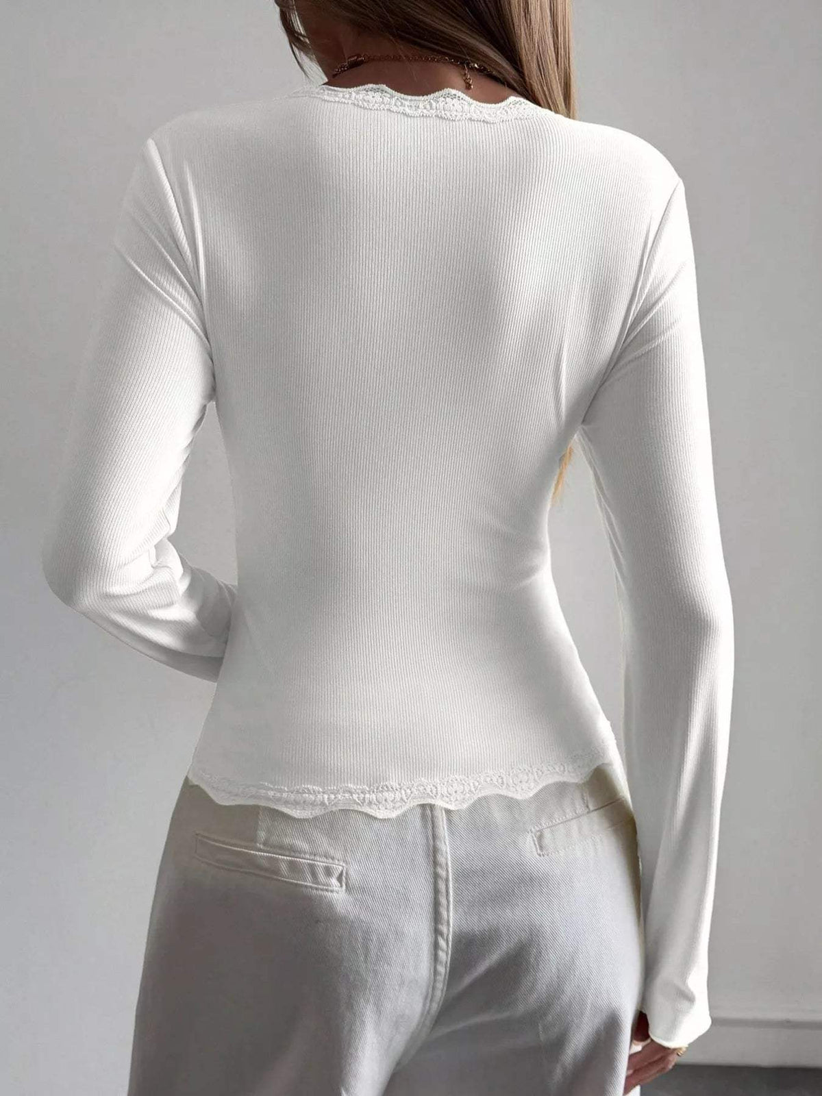Lace Trim V-Neck Ribbed Long Sleeve Blouse - Trendsi - Flyclothing LLC