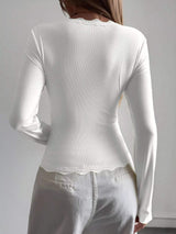 Lace Trim V-Neck Ribbed Long Sleeve Blouse - Trendsi - Flyclothing LLC