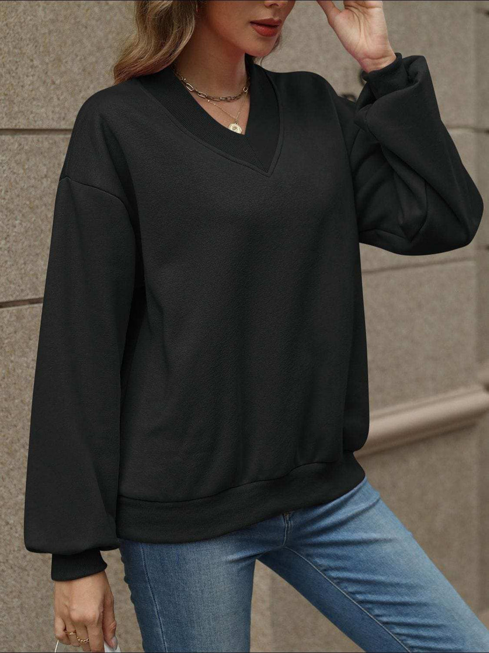 V-Neck Long Sleeve Dropped Shoulder Sweatshirt - Trendsi - Flyclothing LLC