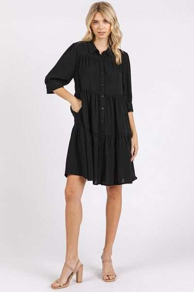 Mittoshop Button Detail Collared Neck Tiered Shirt Dress - Trendsi - Flyclothing LLC
