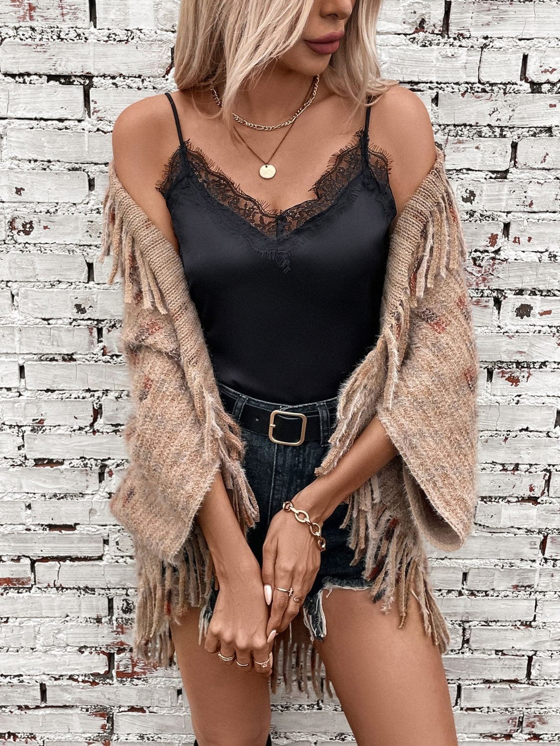Fringe Open Front Half Sleeve Poncho - Trendsi