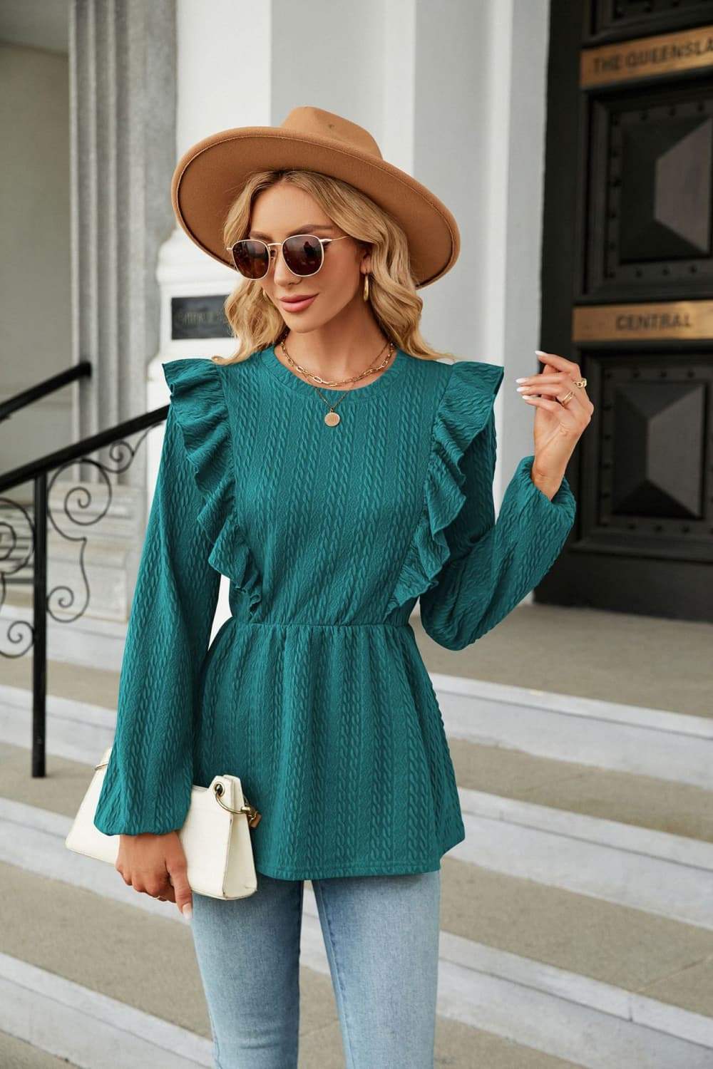 Round Neck Ruffled Peplum Blouse - Trendsi - Flyclothing LLC