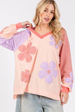 SAGE + FIG Full Size Daisy Applique Patch Color Block Long Sleeve Top - Trendsi