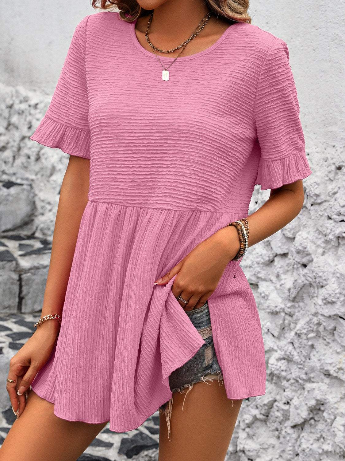 Round Neck Short Sleeve Blouse - Trendsi - Flyclothing LLC