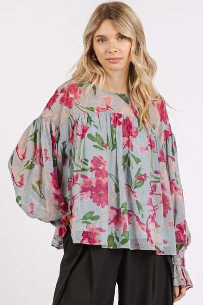 Mittoshop Floral Round Neck Flounce Sleeve Blouse - Trendsi - Flyclothing LLC