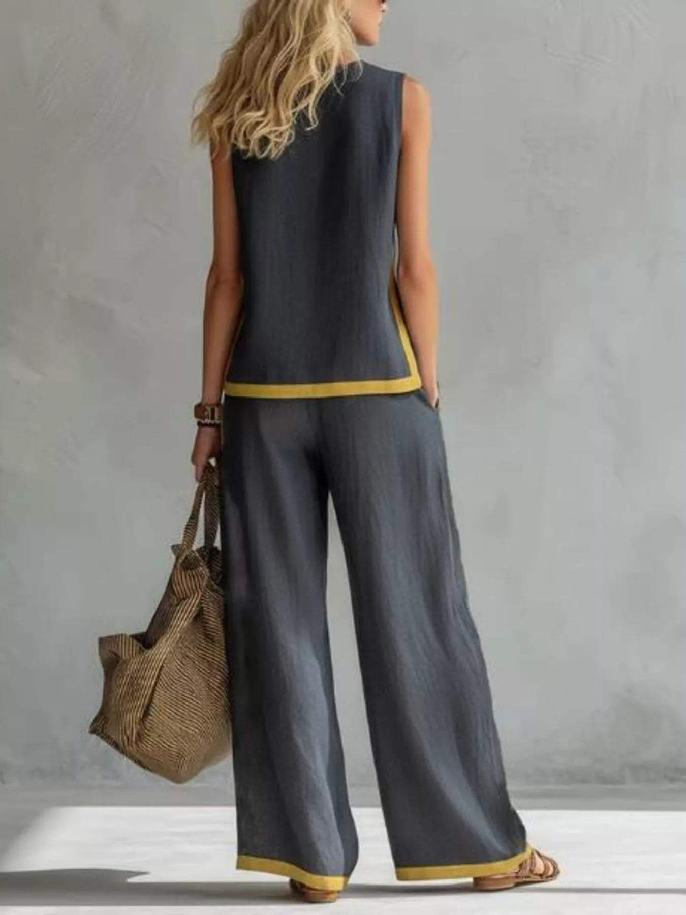 Full Size Contrast Stripe Sleeveless Top & Wide-Leg Pants Set Plus Size - Trendsi - Flyclothing LLC