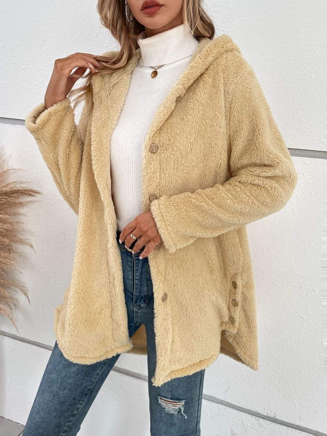 Fuzzy Button Up Hooded Jacket - Trendsi - Flyclothing LLC