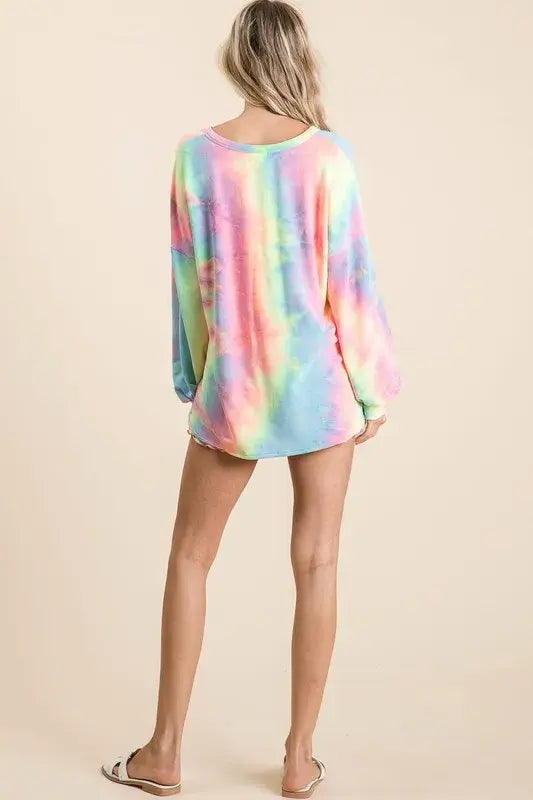 BiBi Tie Dye French Terry Top With Balloon Sleeves - Trendsi - Flyclothing LLC