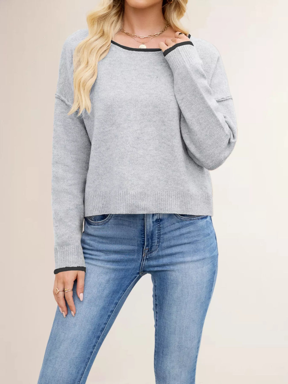 Round Neck Dropped Shoulder Sweater - Trendsi - Flyclothing LLC