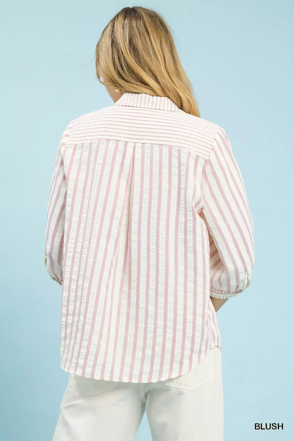 Umgee Striped Collared Neck Blouse - Trendsi - Flyclothing LLC