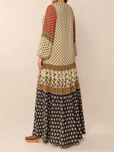 Printed V-Neck Balloon Sleeve Maxi Dress - Trendsi - Flyclothing LLC