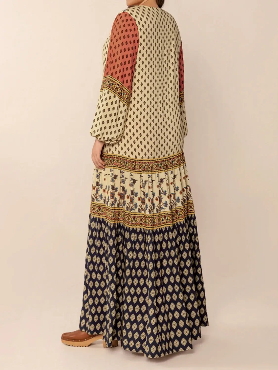 Printed V-Neck Balloon Sleeve Maxi Dress - Trendsi - Flyclothing LLC