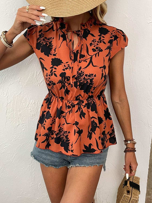 Printed Tie Neck Cap Sleeve Blouse - Trendsi - Flyclothing LLC