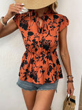 Printed Tie Neck Cap Sleeve Blouse - Trendsi