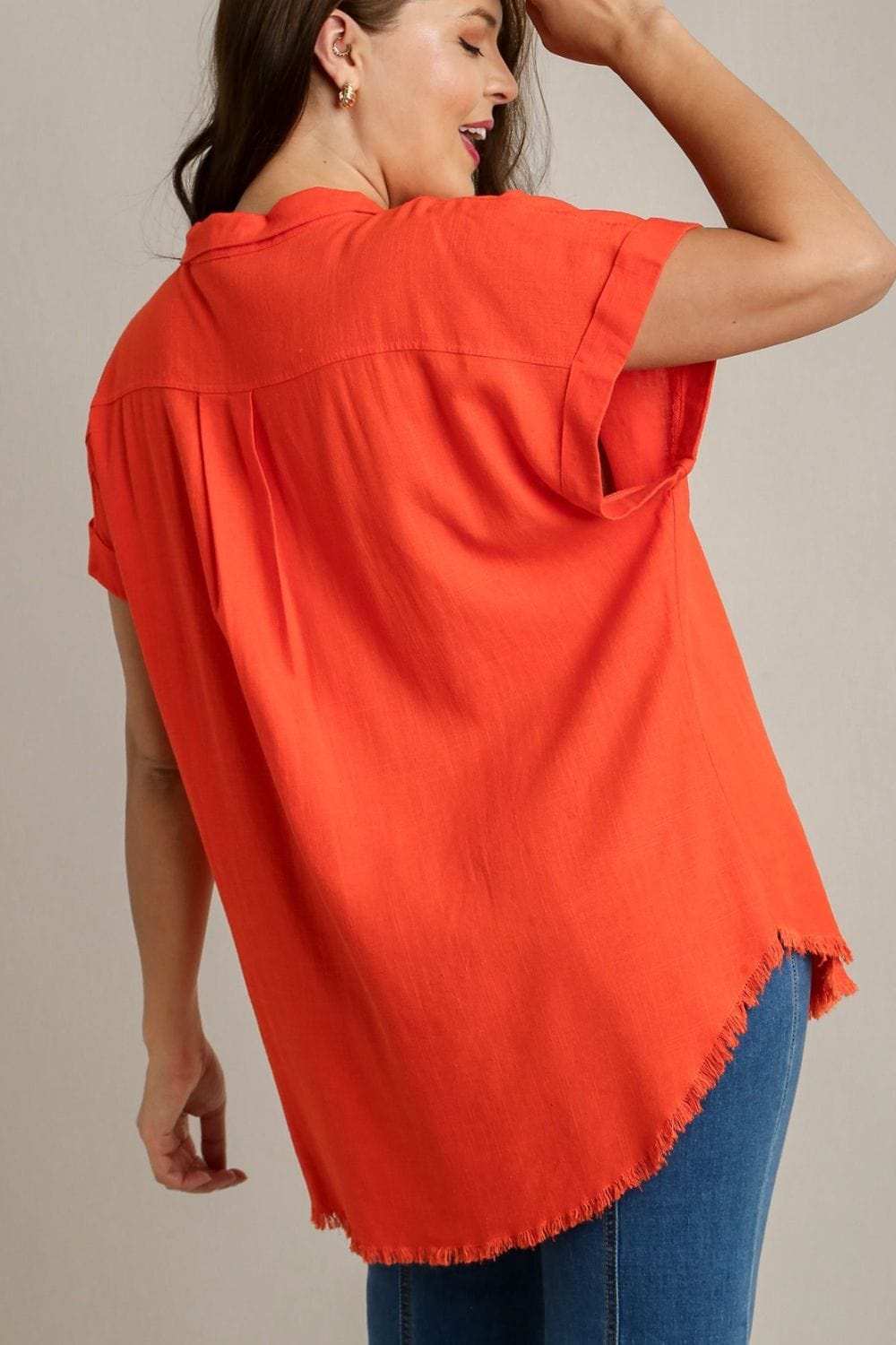 Umgee Full Size Linen Blend Button Down Short Folded Sleeve Shirt Plus Size - Trendsi - Flyclothing LLC