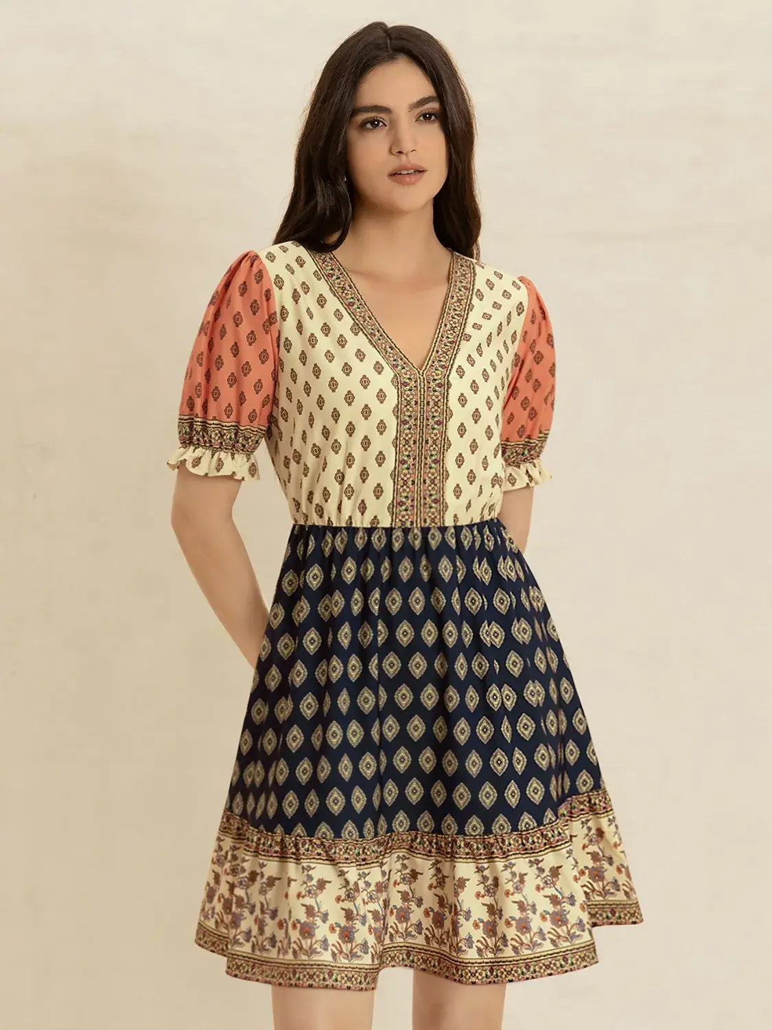 Printed V-Neck Short Sleeve Dress - Trendsi - Flyclothing LLC