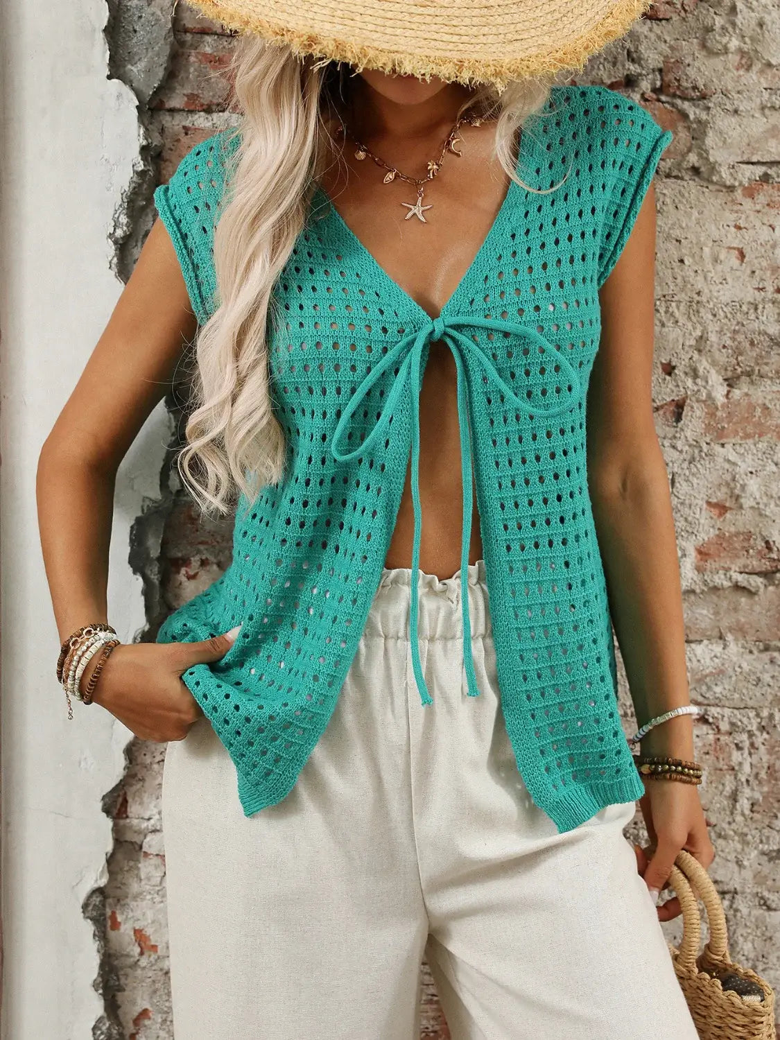 Tied Front Openwork V-Neck Knit Top - Trendsi - Flyclothing LLC