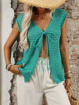 Tied Front Openwork V-Neck Knit Top - Trendsi - Flyclothing LLC