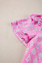 Ruffled Printed Tie Neck Short Sleeve Blouse - Trendsi - Flyclothing LLC