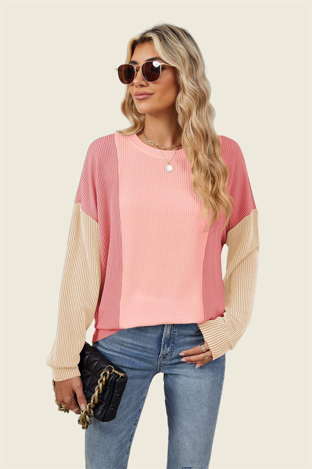 Double Take Texture Contrast Round Neck Long Sleeve T-Shirt - Trendsi - Flyclothing LLC